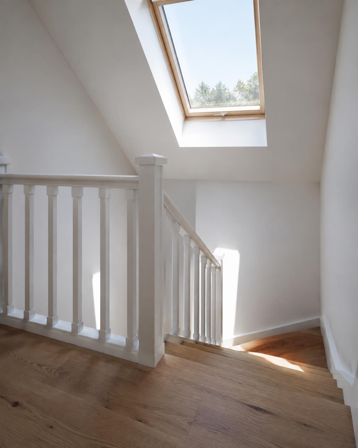 Attic staircase landing lit by a roof window above timber stairs
