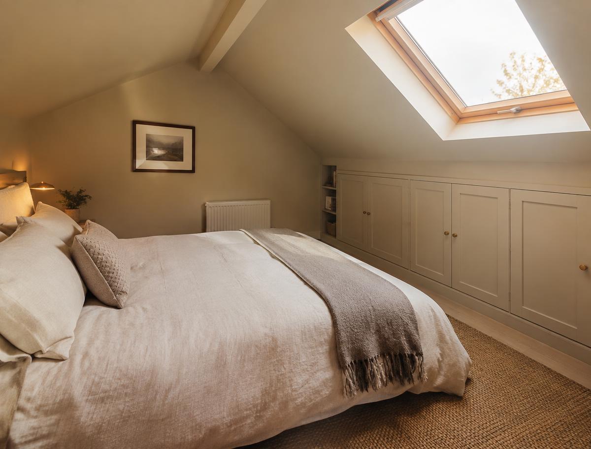 Attic guest bedroom with built-in eaves wardrobes and a roof window