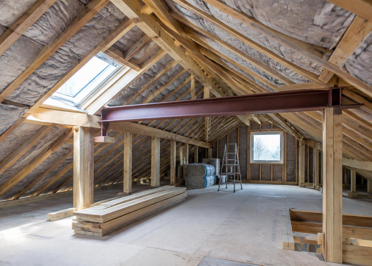 Attic conversion structural work in progress with steel RSJ and new timber joists