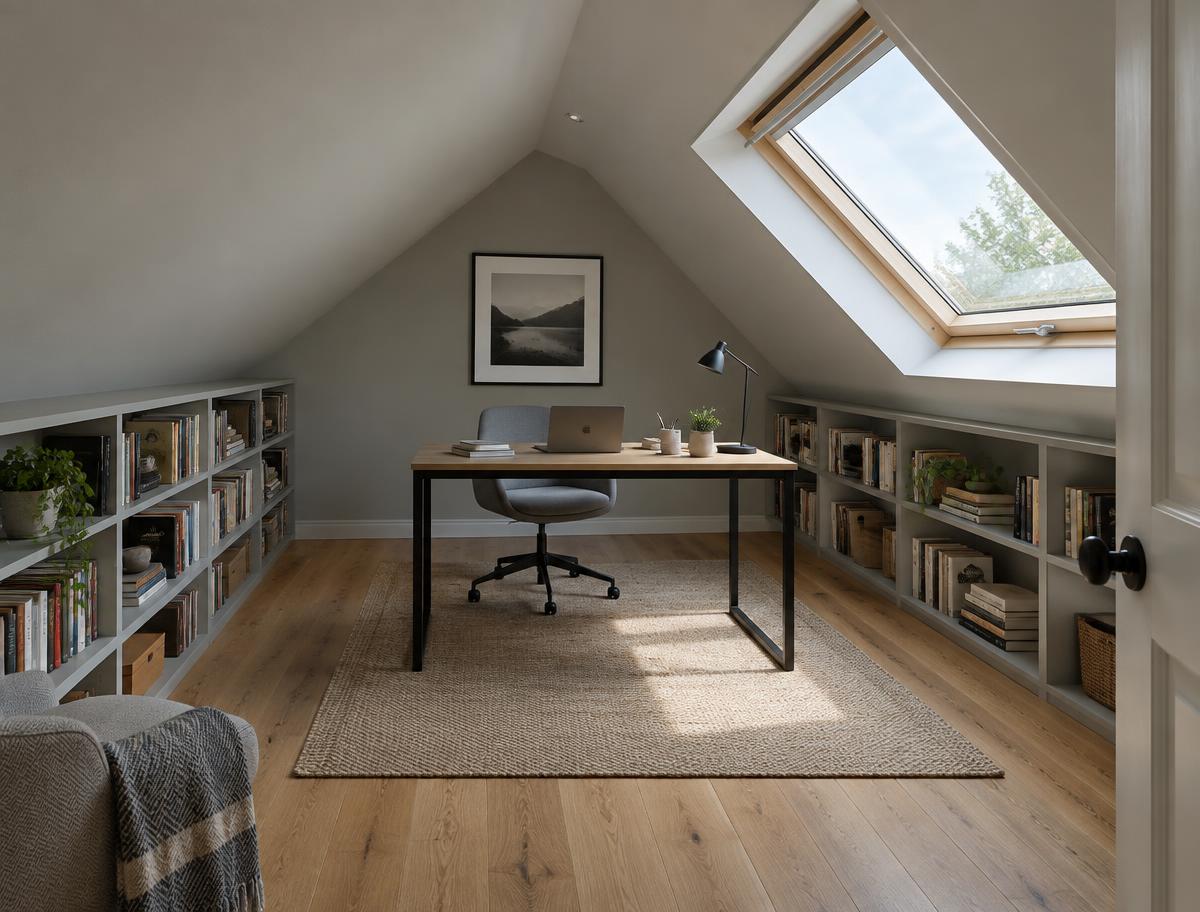 Converted attic home office with sloped ceiling and roof window